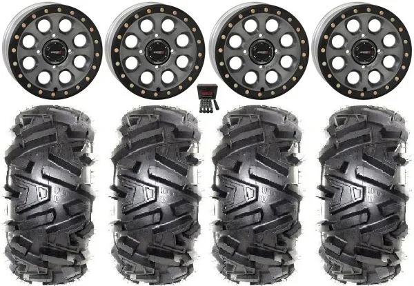 System 3 SB-7 14″ Wheels Titanium (4+3) 28″ Moto MTC Tires Can-Am Commander Maverick Renegade Outlander Defender