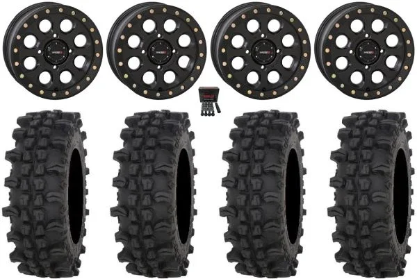 System 3 SB-7 15″ Wheels Black (4+3) 32″ ACP Tires Kawasaki Mule Pro FXT KRX / Yamaha Wolverine RMAX / YXZ 2019+