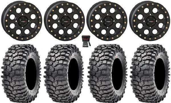 System 3 SB-7 15″ Wheels Black (6+1) 35″ Roxxzilla Tires Kawasaki Mule Pro FXT KRX / Yamaha Wolverine RMAX / YXZ 2019+