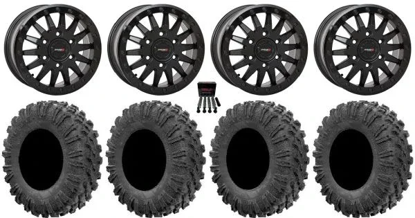 System 3 SB-8 Bdlk 15″ Wheels Bk +68mm 30″ MotoRavage Tires Can-Am Maverick R