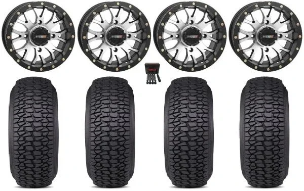 System 3 ST-3 14″ Wheels Machined 28″ Regulator 2 Tires Honda Rincon Yamaha Rhino Kawasaki Brute Force Suzuki KingQuad