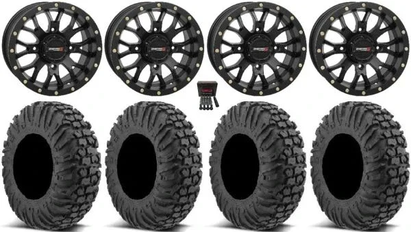 System 3 ST-3 Black 14″ Wheels 30″ MotoVator Tires Kawasaki Mule Pro FXT KRX / Yamaha Wolverine RMAX / YXZ 2019+