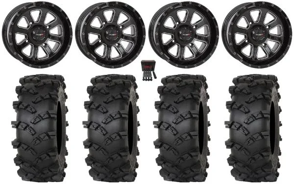 System 3 ST-4 14″ Wheels Black 32″ Outlaw M/T Tires Kawasaki Teryx Mule