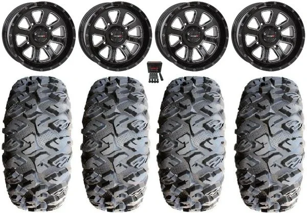 System 3 ST-4 Black 14″ Wheels 27″ MotoClaw Tires Polaris Sportsman / RZR / Ranger