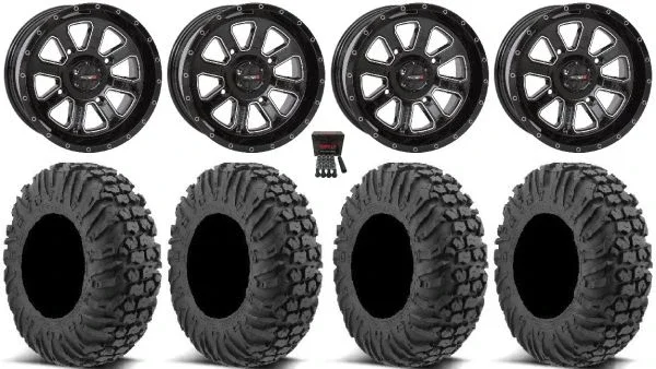 System 3 ST-4 Black 14″ Wheels 27″ MotoVator Tires Yamaha Viking Wolverine YXZ1000R CFMoto ZForce 950 UForce 1000