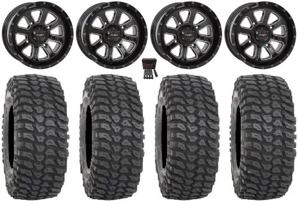 System 3 ST-4 Black 14″ Wheels 28″ XCR350 Tires Polaris Sportsman / RZR / Ranger