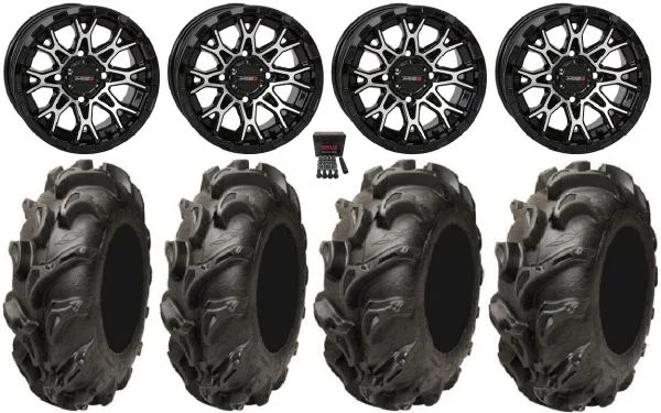 System 3 ST-6 12″ Wheels Black 27″ Mega Mayhem Tires Honda Rincon Yamaha Rhino Kawasaki Brute Force Suzuki KingQuad