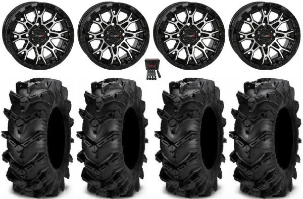 System 3 ST-6 14″ Wheels Black 28″ Cryptid Tires Kawasaki Mule Pro FXT KRX / Yamaha Wolverine RMAX / YXZ 2019+