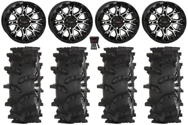 System 3 ST-6 14″ Wheels Black 28″ Outlaw Max Tires Kawasaki Mule Pro FXT KRX / Yamaha Wolverine RMAX / YXZ 2019+