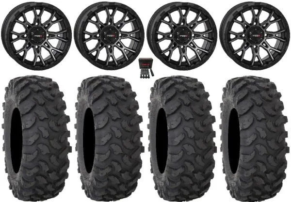 System 3 ST-6 14″ Wheels Dark Tint 28″ XTR370 Tires Kawasaki Mule Pro FXT KRX / Yamaha Wolverine RMAX / YXZ 2019+