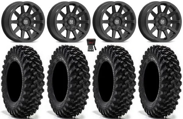Valor V02 15″ Wheels Black 32″ Warrior XT Sticky Tires Can-Am Maverick X3 / Honda Pioneer 1000 / Talon