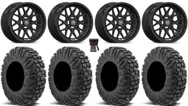 Valor V03 14″ Wheels Black 27″ MotoVator Tires Can-Am Commander Maverick Renegade Outlander Defender