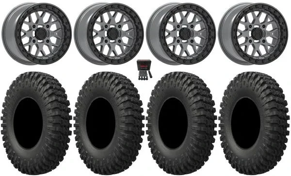 Valor V07 Beadlock 15″ Wheels Graphite 35″ MotoCrusher Tires Kawasaki Teryx Mule