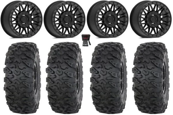 Valor V08 Beadlock 15″ Wheels Black 30″ Roctane T4 Tires Kawasaki Mule Pro FXT KRX / Yamaha Wolverine RMAX / YXZ 2019+