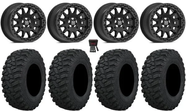 Valor V09 Beadlock 15″ Wheels Black 33″ Trekker Tires Kawasaki Teryx Mule