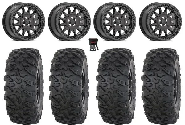 Valor V09 Beadlock 15″ Wheels Charcoal 33″ Roctane T4 Tires Kawasaki Teryx Mule