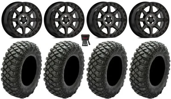 Valor V13 Beadlock 15″ Wheels Dark Tint 32″ Crawler XR Tires Can-Am Commander Maverick Renegade Outlander Defender