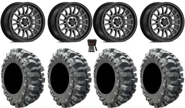 Valor V14 14″ Wheels Dark Tint 28″ Bogger Tires Can-Am Maverick X3 / Honda Pioneer 1000 / Talon