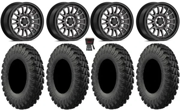 Valor V14 14″ Wheels Dark Tint 28″ MotoRally Tires Sportsman 550 850 1000