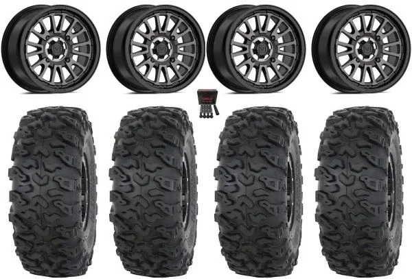 Valor V14 14″ Wheels Dark Tint 28″ Roctane T4 Tires Kawasaki Teryx Mule