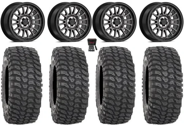 Valor V14 14″ Wheels Dark Tint 30″ XCR350 Tires Kawasaki Teryx Mule