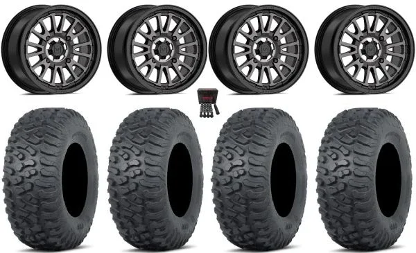 Valor V14 14″ Wheels Dark Tint 32″ Terra Hook Tires Kawasaki Teryx Mule