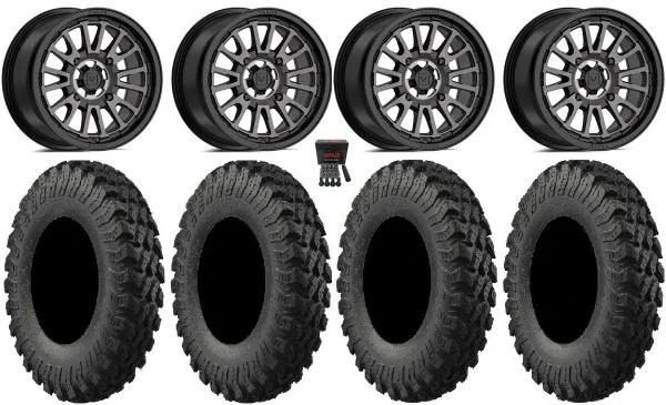 Valor V14 15″ Wheels Dark Tint 30″ MotoRally Tires Can-Am Maverick X3 / Honda Pioneer 1000 / Talon