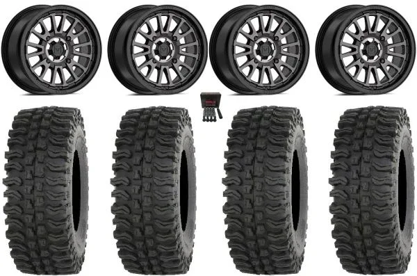 Valor V14 15″ Wheels Dark Tint 32″ BDC Tires Kawasaki Mule Pro FXT KRX / Yamaha Wolverine RMAX / YXZ 2019+
