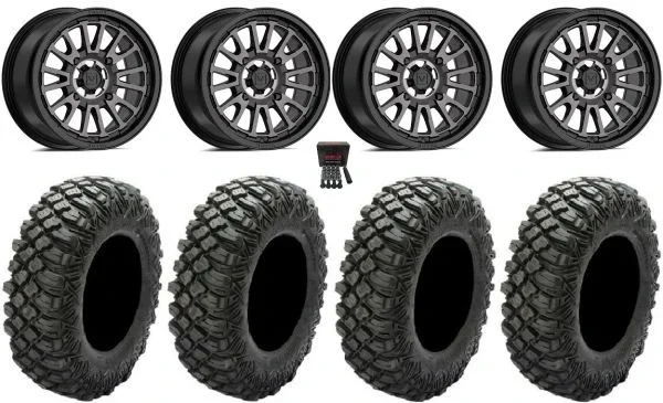 Valor V14 15″ Wheels Dark Tint 33″ Crawler XR Tires Can-Am Maverick X3 / Honda Pioneer 1000 / Talon