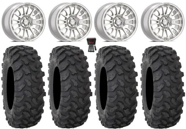 Valor V14 15″ Wheels Machined 35″ XTR370 Tires Polaris RZR Turbo R & Pro R Ranger 1500 Xpedition