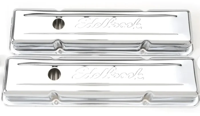 Valve Covers: SBC 262-400 Edelbrock Signature Series (Steel/Chrome) 4449