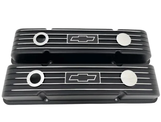 Valve Covers: SBC Black Chevy Logo Finned**